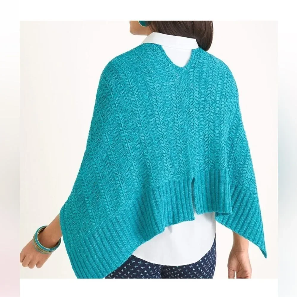 Chico's Turquoise Blue Tape Yarn Chunky Woven Convertible Poncho